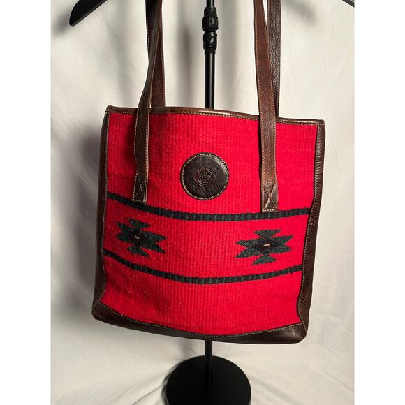 Børn Wool & Leather Southwestern Tote Bag – Red Woven Shoulder Bag - Picture 3 of 7